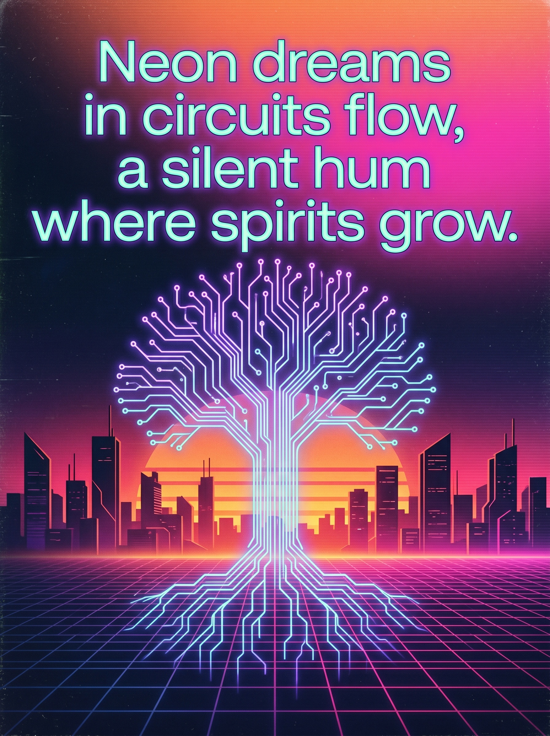 Echoes in the Digital Rain by The Synthweavers – 'Neon dreams in circuits flow, a silent hum where spirits grow.' Lyric Art